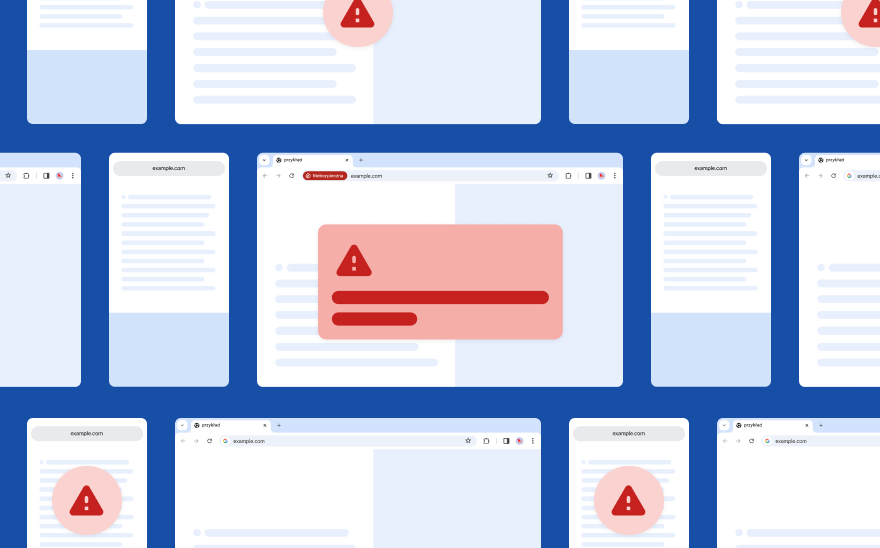 Strony internetowe unoszące się na granatowym tle. Z przodu znajduje się czerwone wyskakujące okienko z czerwoną ikoną alertu.